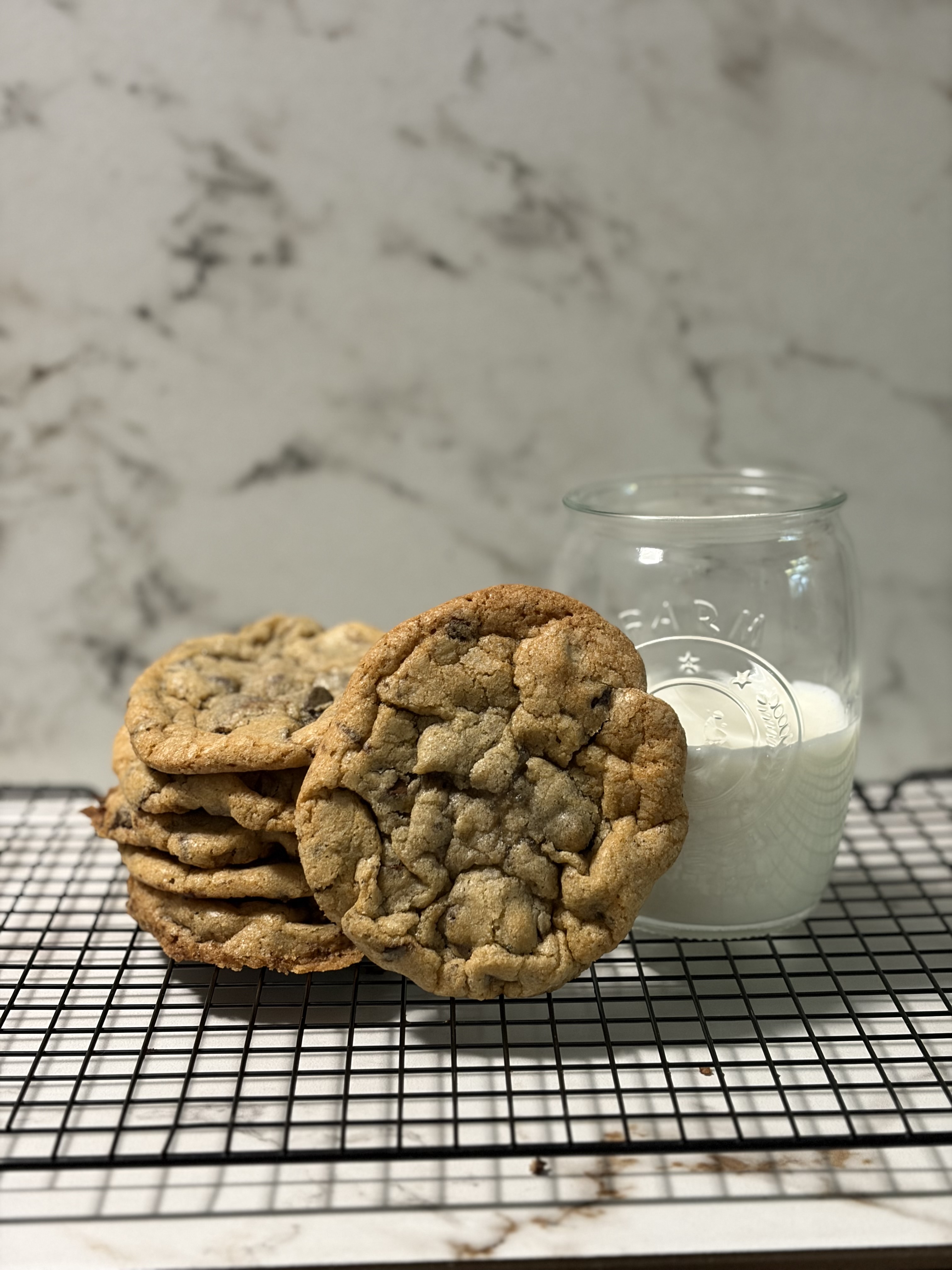 Chocolate chip and sea salt cookies, golden and chewy.