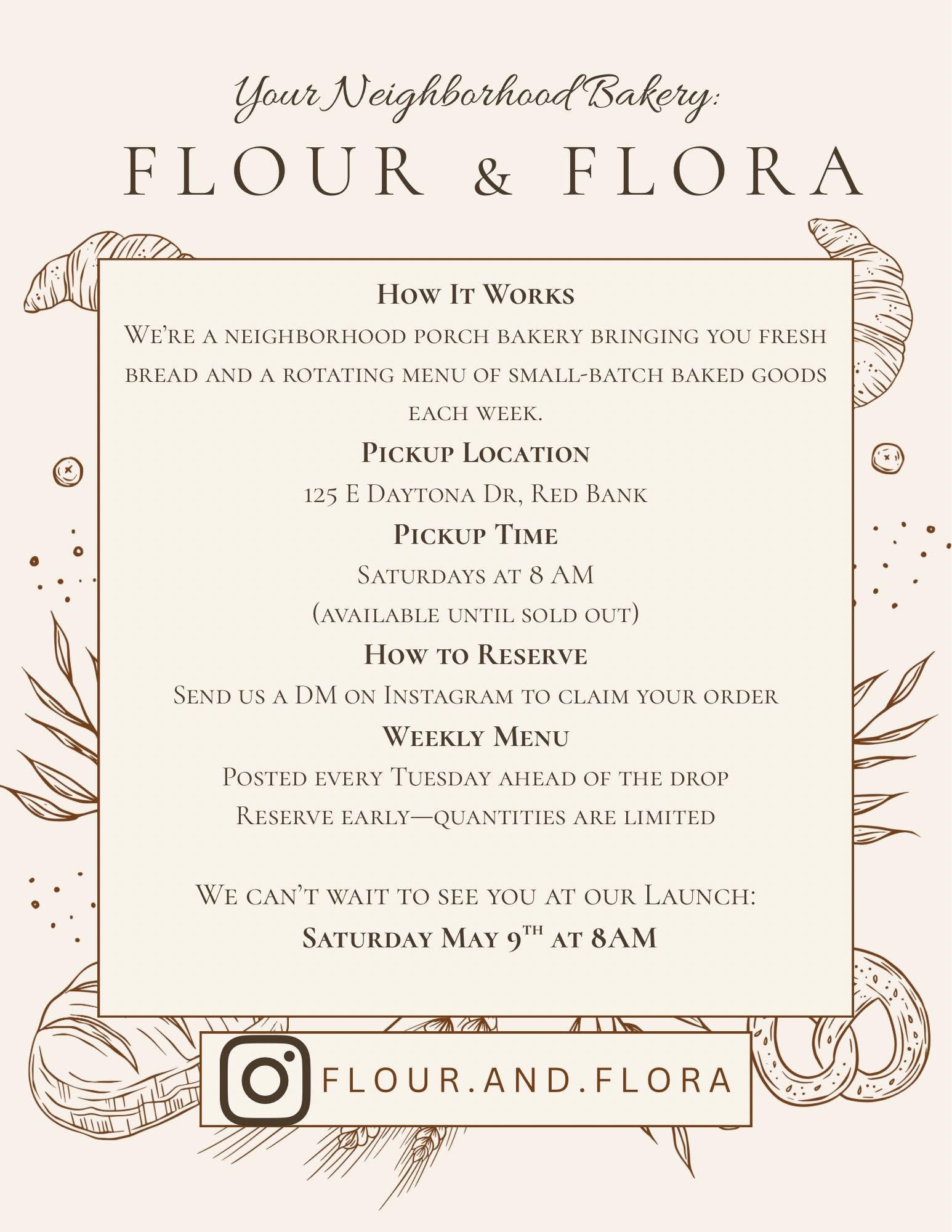Flour and Flora — printed welcome flyer for the launch.